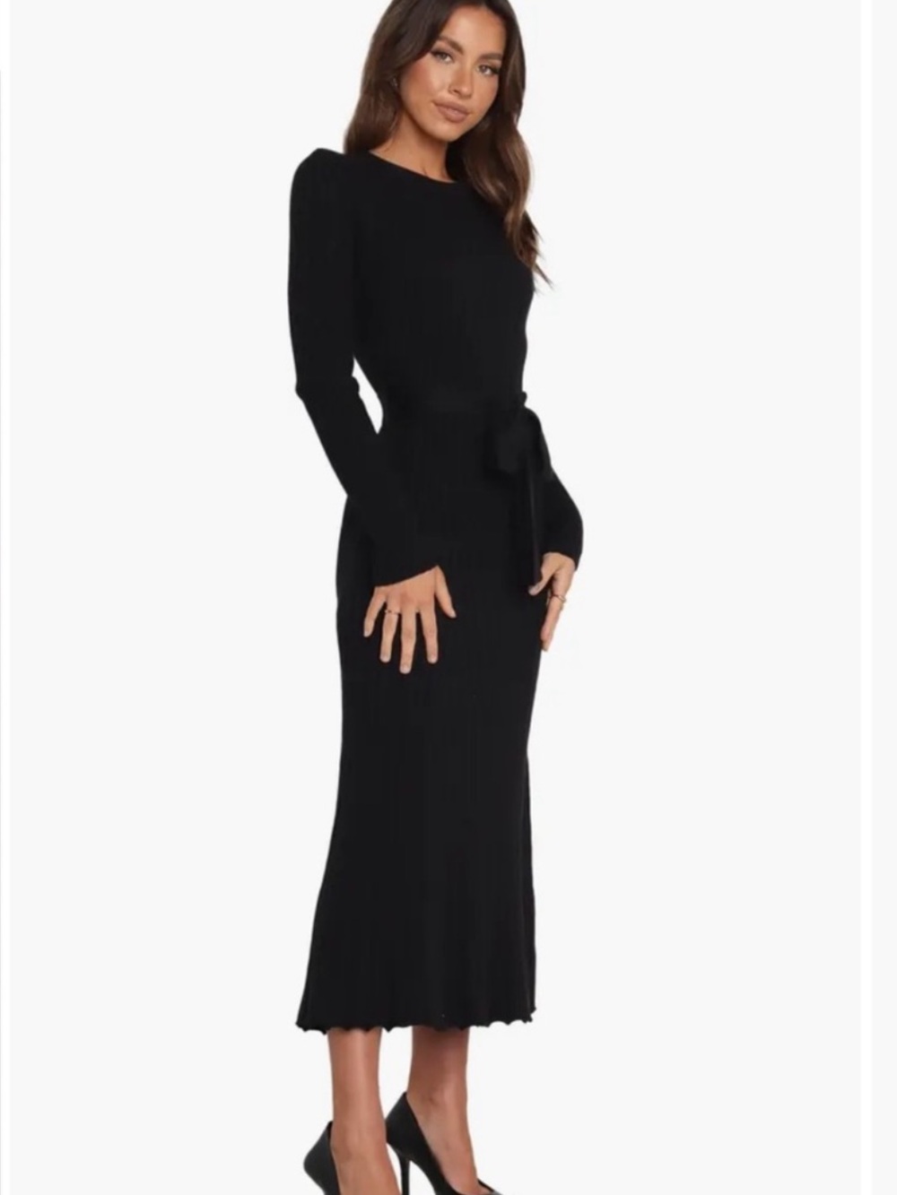 Petal & Pup Black Long-Sleeve Knit Midi Dress with Waist Tie